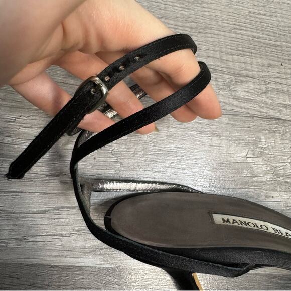 MANOLO BLAHNIK Black Satin Slingback Crystal Sandals Heels Size 38 1/2 - Picture 9 of 13